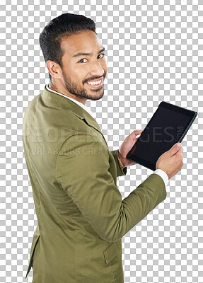 Buy stock photo Portrait, businessman and smile with tablet screen for internet, homepage or website with offer. Asian person, excited emoji or expression with social media on isolated or transparent png background