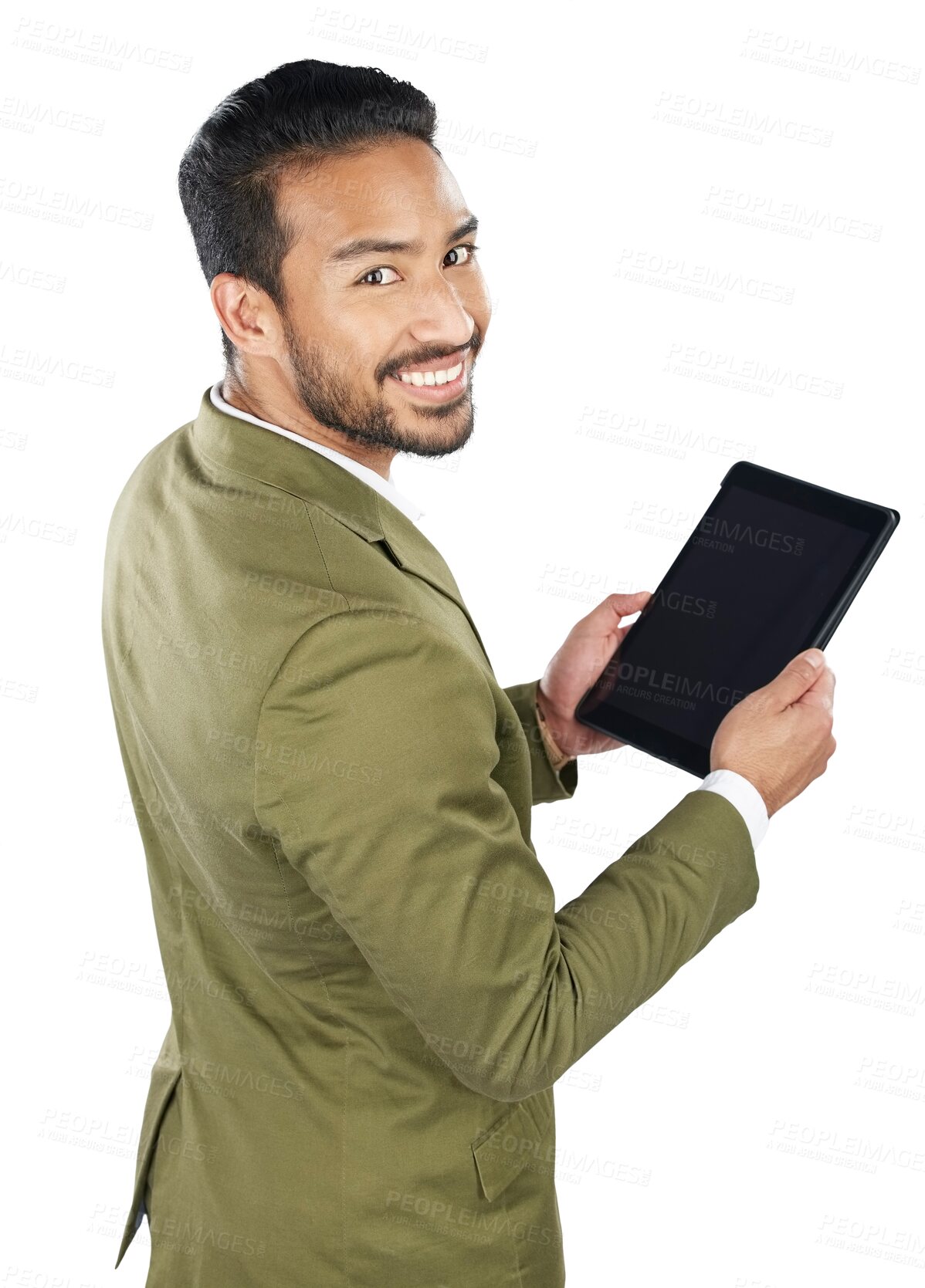 Buy stock photo Portrait, businessman and smile with tablet screen for internet, homepage or website with offer. Asian person, excited emoji or expression with social media on isolated or transparent png background