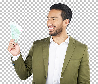 Buy stock photo Happy asian man, money fan and finance in savings, investment or loan isolated on a transparent PNG background. Face of excited businessman smile for cash, dollar bills or profit in financial freedom