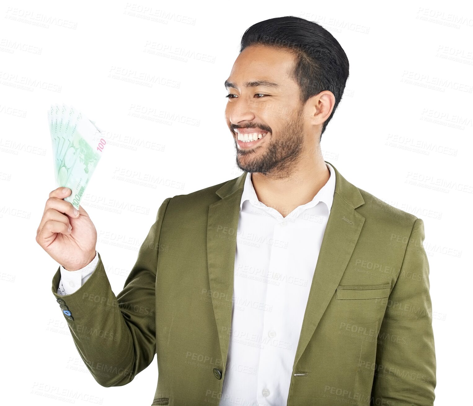 Buy stock photo Happy asian man, money fan and finance in savings, investment or loan isolated on a transparent PNG background. Face of excited businessman smile for cash, dollar bills or profit in financial freedom