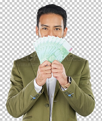 Buy stock photo Asian man, money fan or finance in savings, investment or loan isolated on a png transparent background. Portrait, businessman and cash or dollar bills in financial freedom, profit or salary increase