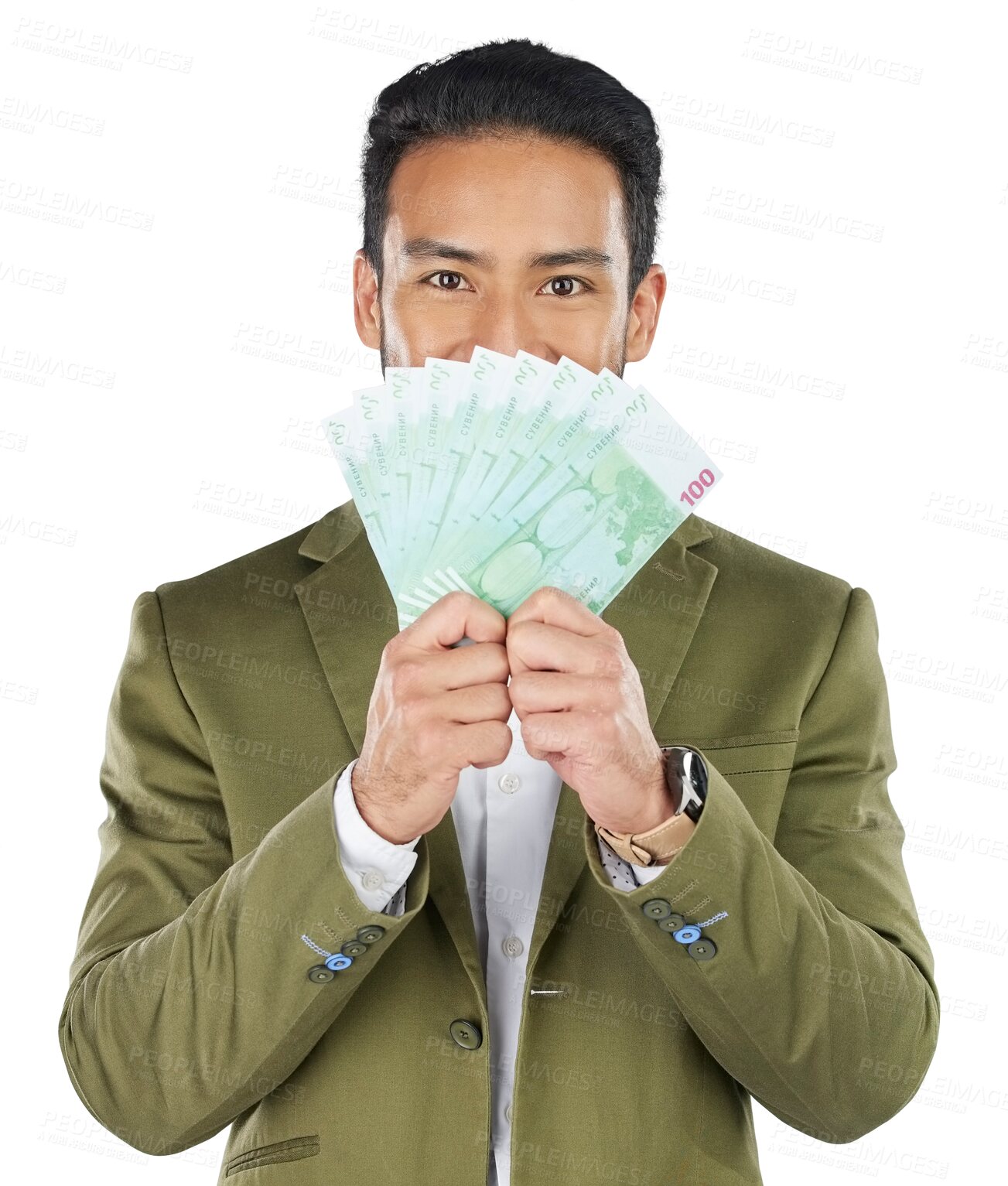 Buy stock photo Asian man, money fan or finance in savings, investment or loan isolated on a png transparent background. Portrait, businessman and cash or dollar bills in financial freedom, profit or salary increase