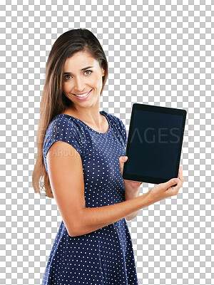 Buy stock photo Portrait, happy woman and smile for tablet screen, social media or website with offer, promotion or alert. Female entrepreneur, creative or writer for news on isolated or transparent png background