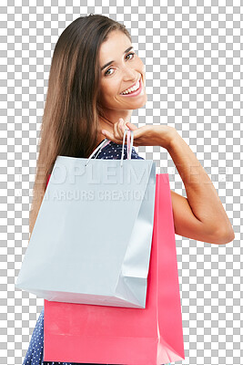 Buy stock photo Sale, promotion and portrait of woman with shopping bag and fashion on transparent, isolated or png background. Customer, smile and clothes from retail deal, discount or packaging from boutique