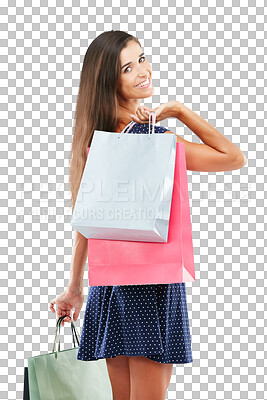 Buy stock photo Discount, sale and portrait of woman with shopping bag and fashion on transparent, isolated or png background. Customer, smile and clothes from retail deal, promotion or packaging from boutique