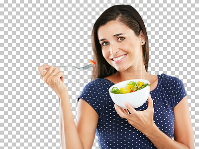 Buy stock photo Portrait, happy woman and smile with salad for health, nutrition and wellness for vegetarian diet. Female model, bowl and fork for eating on isolated or transparent png background for weight loss