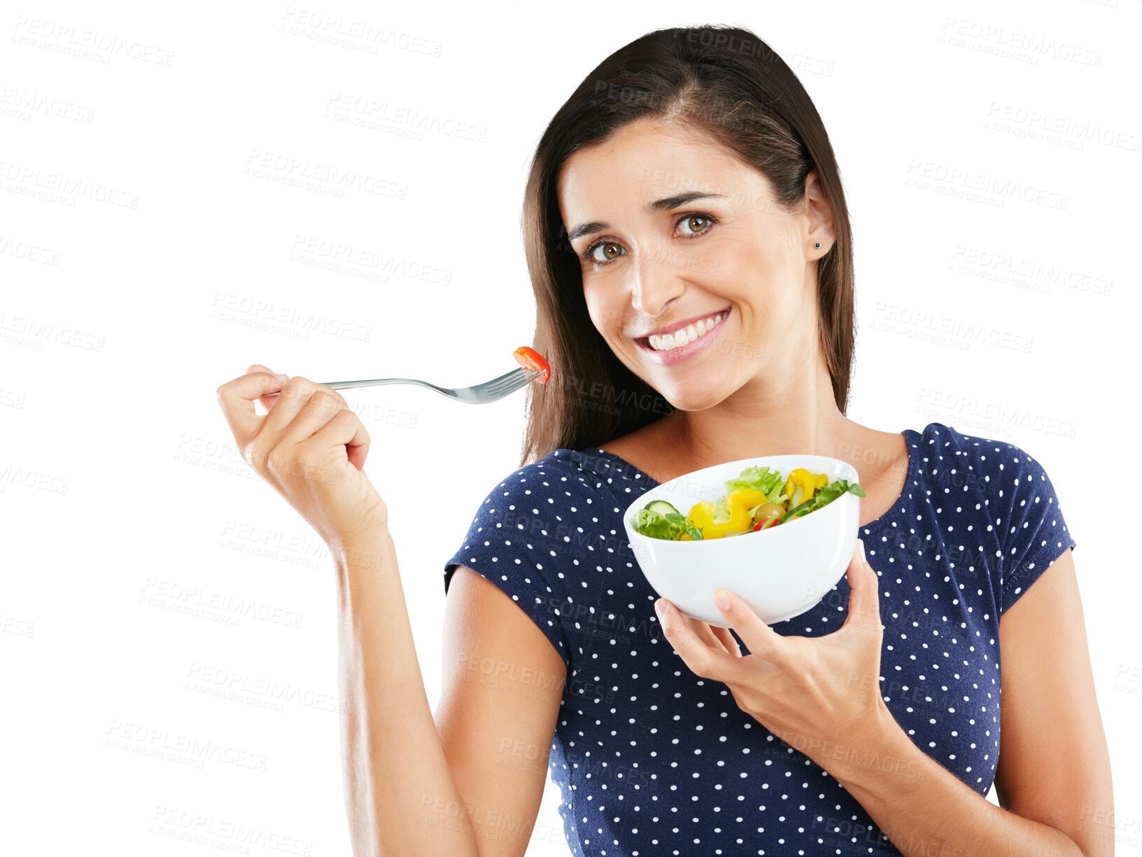 Buy stock photo Portrait, happy woman and smile with salad for health, nutrition and wellness for vegetarian diet. Female model, bowl and fork for eating on isolated or transparent png background for weight loss