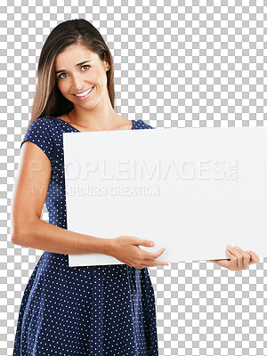 Buy stock photo Woman, portrait and poster mockup board for advertising, marketing or isolated on transparent png background. Female person, face and promotion space for news, deal info sign or product sales placard