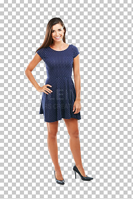 Buy stock photo Fashion, smile and portrait of woman in dress for casual, trendy and stylish outfit and heels. Happy, beautiful and full body of female model with elegant style isolated by transparent png background