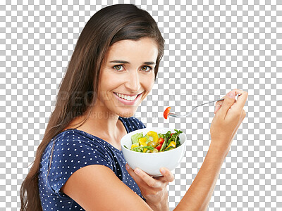 Buy stock photo Portrait, happy woman and salad in bowl for health, nutrition and wellness for vegetarian diet. Female model, confident and excited emoji for weight loss on isolated or transparent png background