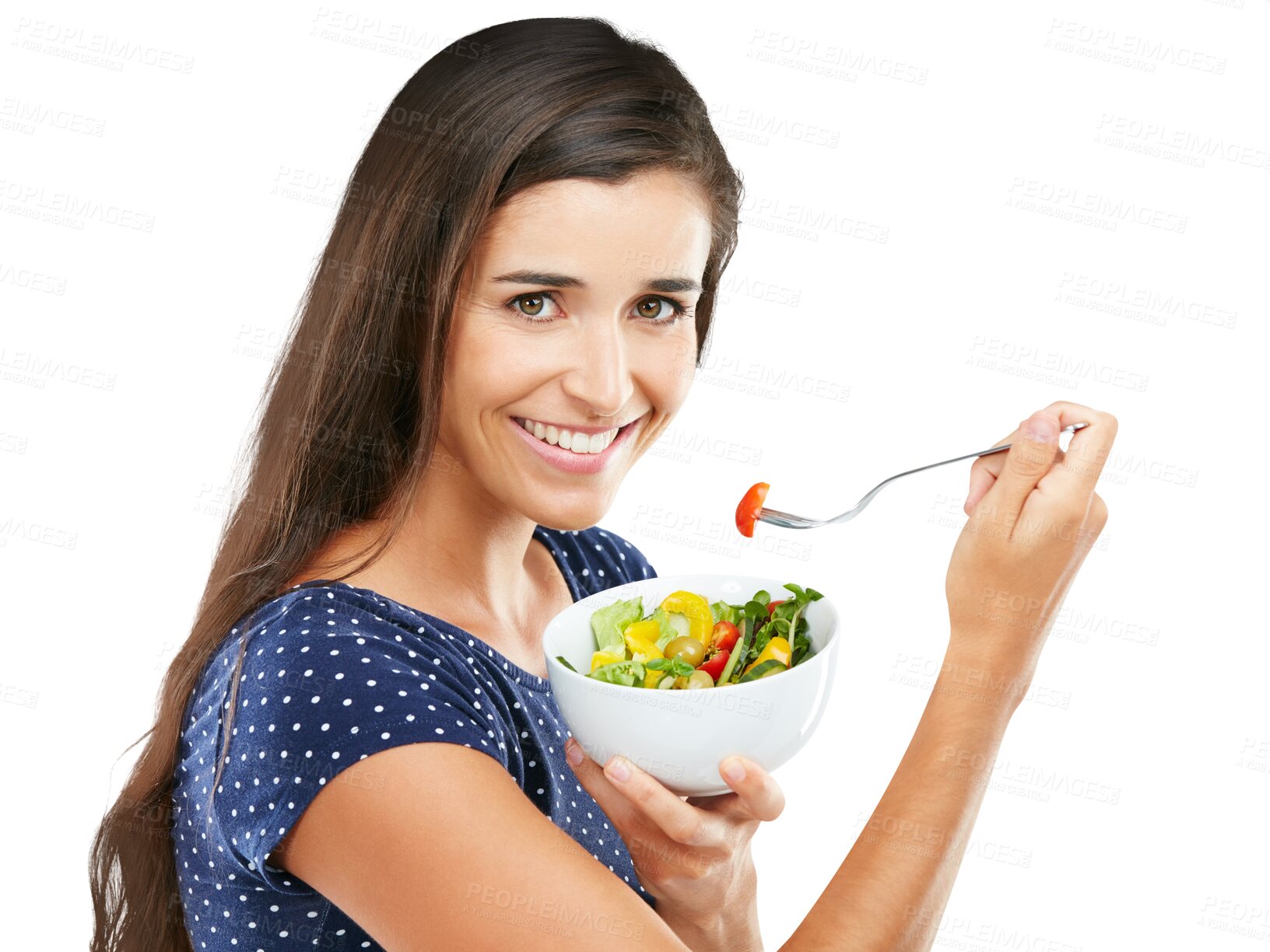 Buy stock photo Portrait, happy woman and salad in bowl for health, nutrition and wellness for vegetarian diet. Female model, confident and excited emoji for weight loss on isolated or transparent png background