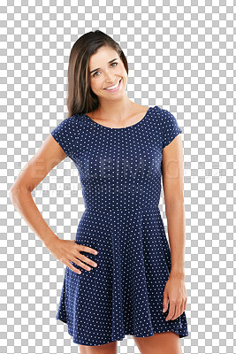 Buy stock photo Fashion, happy and portrait of young woman with casual, trendy and stylish dress for outfit. Smile, beautiful and female model from Canada with elegant style isolated by transparent png background.