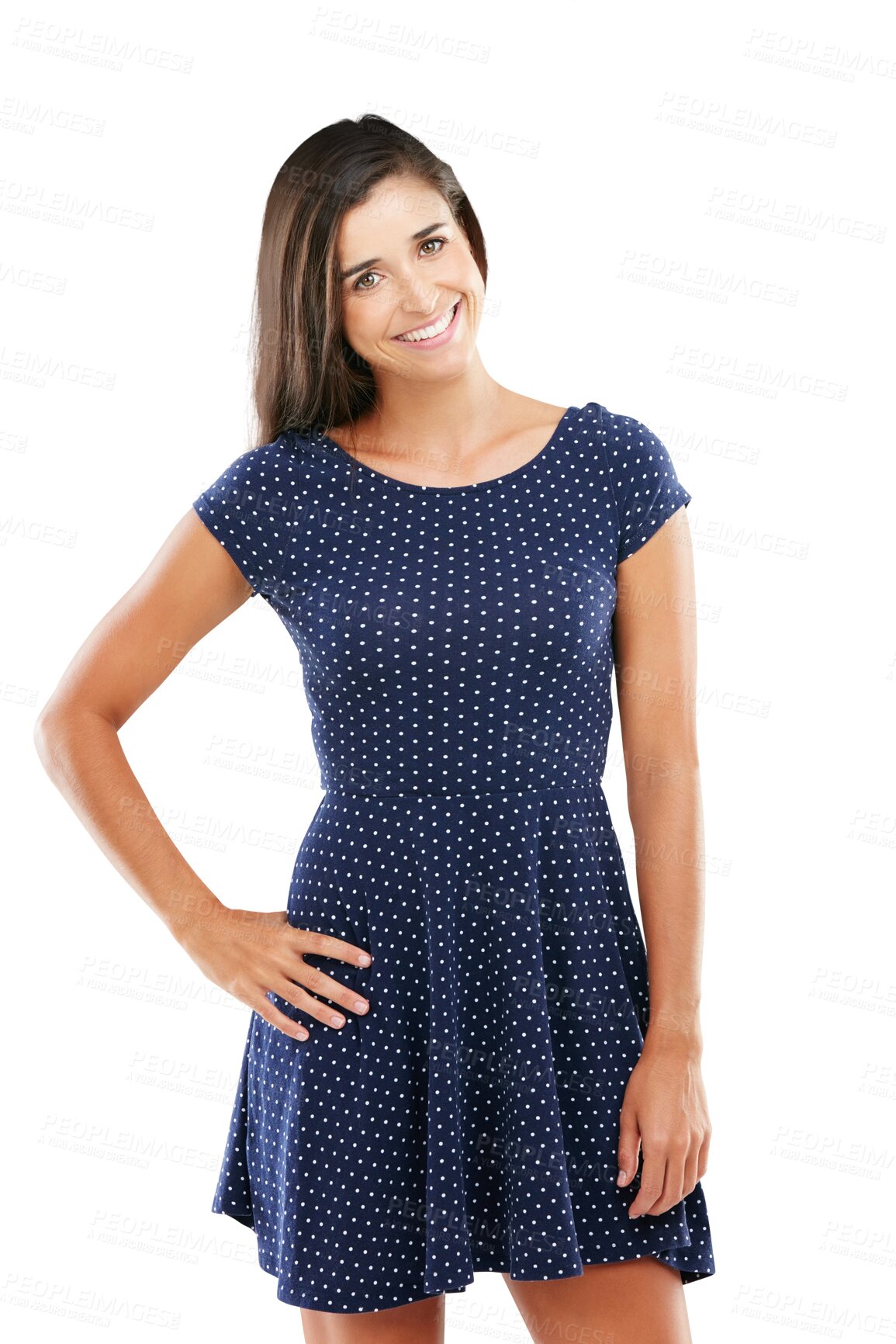 Buy stock photo Fashion, happy and portrait of young woman with casual, trendy and stylish dress for outfit. Smile, beautiful and female model from Canada with elegant style isolated by transparent png background.