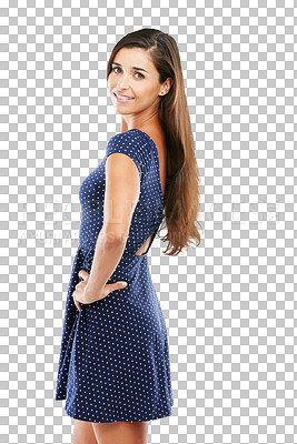 Buy stock photo Fashion, happy and portrait of woman in dress for casual, trendy and stylish outfit for beauty. Smile, attractive and young female model with elegant style isolated by transparent png background.