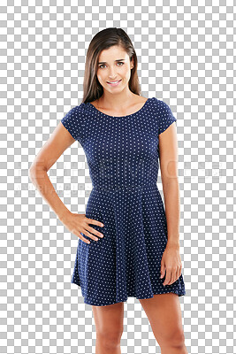 Buy stock photo Style, smile and portrait of woman in dress for casual, trendy and stylish outfit for beauty. Happy, beautiful and young female model with elegant fashion isolated by transparent png background.