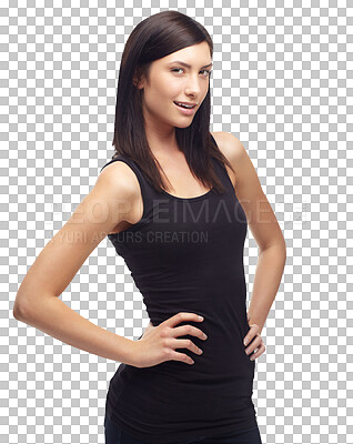 Buy stock photo Fashion portrait, smile and woman confident in designer black dress, luxury apparel or stylish cotton clothes. Pride, glamour and fashionable model style isolated on a transparent, png background