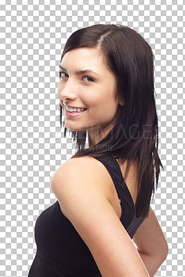 Buy stock photo Portrait, happy and beauty of woman for fashion isolated on a transparent png background. Face, smile of confident young person and girl in clothes, healthy skin and facial expression in Brazil