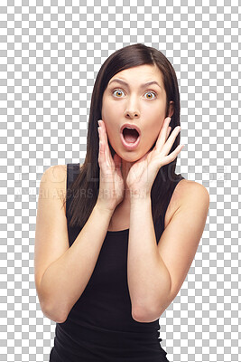 Buy stock photo Woman, portrait and shocked surprise for news announcement, open mouth or isolated transparent png background. Female person, face and omg emoji expression for wow, crazy notification or wtf drama