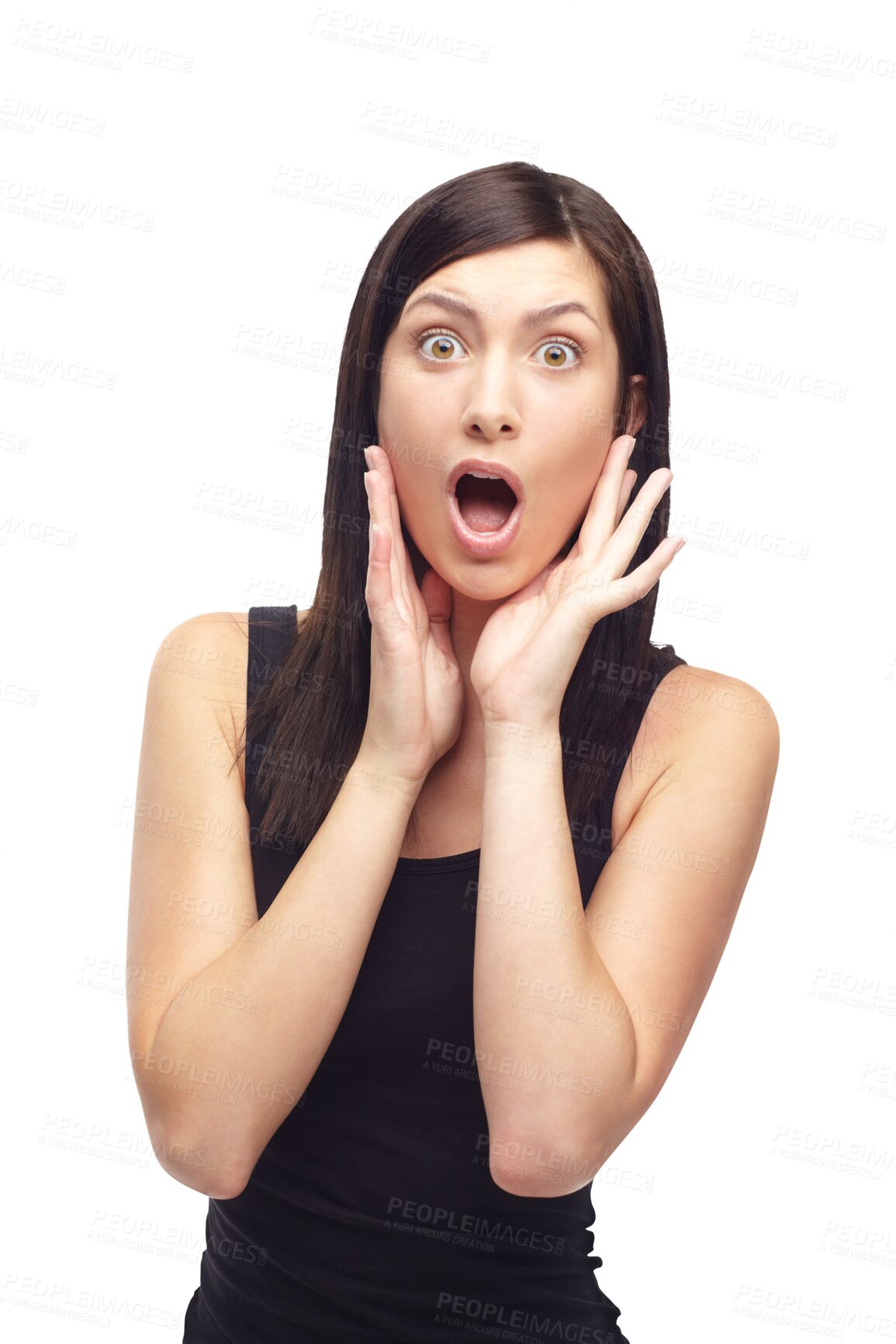 Buy stock photo Woman, portrait and shocked surprise for news announcement, open mouth or isolated transparent png background. Female person, face and omg emoji expression for wow, crazy notification or wtf drama