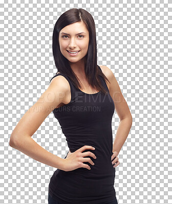 Buy stock photo Portrait, smile and confidence of woman for fashion isolated on a transparent png background. Happy person, beauty and girl in dress, elegant clothes or stylish, trendy and facial expression Brazil