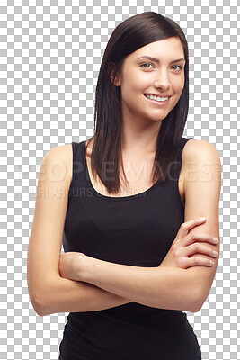 Buy stock photo Portrait, smile and woman with arms crossed for fashion isolated on a transparent png background. Happy face, beauty and confident girl in dress, elegant clothes or stylish, trendy or pride in Brazil