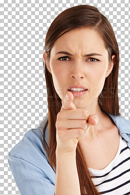 Buy stock photo Scolding, teacher and angry portrait with pointing for discipline in transparent, isolated or png background. Strict, woman and hand with negative gesture, warning or threat and sign to stop trouble