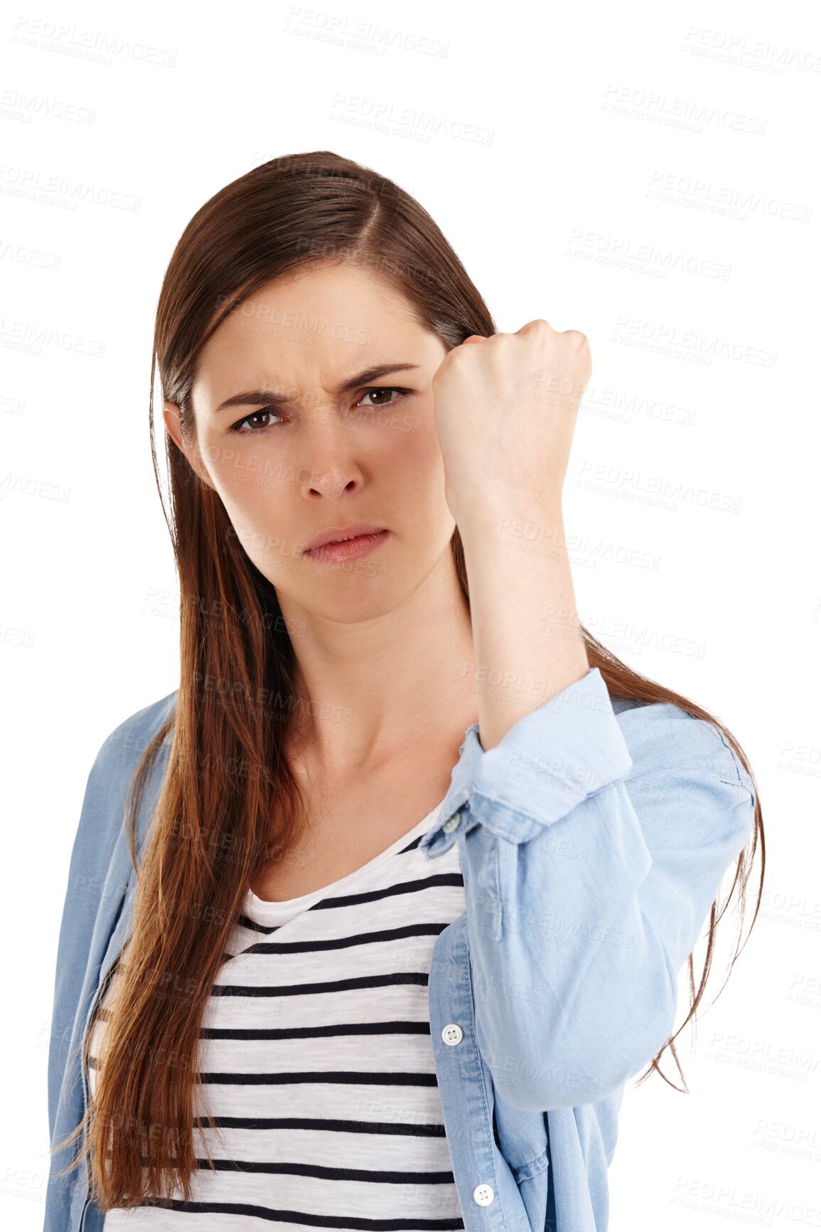 Buy stock photo Portrait, angry and woman with fist, frustrated and emotions isolated on a transparent background. Face, person and model with hand gesture, expression and reaction with png, fighting and conflict