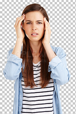 Buy stock photo Headache, portrait or woman pain, crisis and frustrated for medical emergency, disaster or anatomy risk. Mental health girl, burnout migraine or stress anxiety isolated on transparent, png background