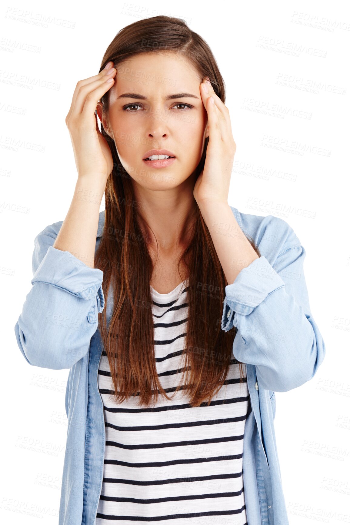 Buy stock photo Headache, portrait or woman pain, crisis and frustrated for medical emergency, disaster or anatomy risk. Mental health girl, burnout migraine or stress anxiety isolated on transparent, png background