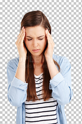 Buy stock photo Headache, stress and woman pain, crisis and tired with medical emergency, disaster or agony from anatomy risk. Accident, burnout migraine and model anxiety isolated on transparent, png background