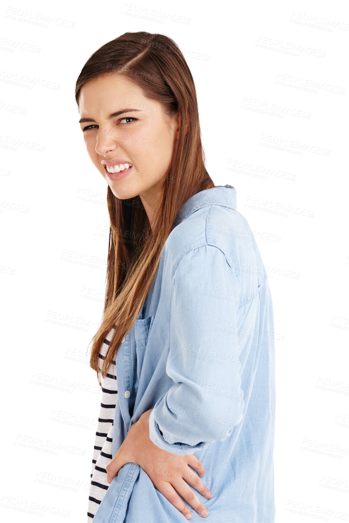 Buy stock photo Hip pain, portrait and woman injury, crisis and sore from bad medical problem, anatomy risk or joint ache. Bruise, bone fracture and model stress burnout isolated on transparent, png background  