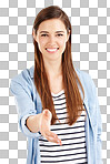 Portrait, smile and woman with handshake, offer or invitation on isolated, transparent or png background. Face, smile and model with welcome, shaking hands or sign for hello, respect or thank you