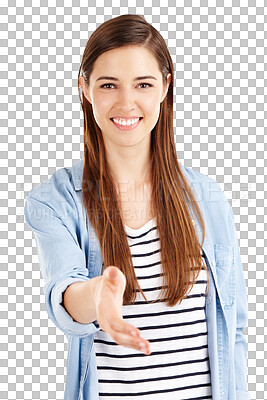 Buy stock photo Portrait, smile and woman with handshake, offer or invitation on isolated, transparent or png background. Face, deal and model with welcome, shaking hands or sign for hello, respect or thank you