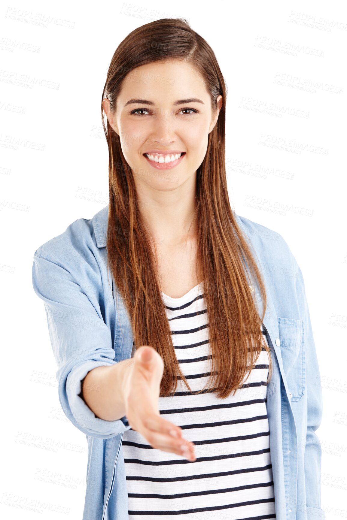 Buy stock photo Portrait, smile and woman with handshake, offer or invitation on isolated, transparent or png background. Face, deal and model with welcome, shaking hands or sign for hello, respect or thank you