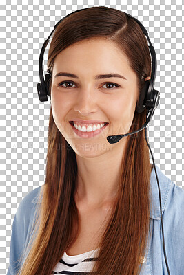 Buy stock photo Customer service, portrait and happy business woman communication, telemarketing or help desk advice. Tech support, headset and advisory consultant face for ecommerce on transparent, png background