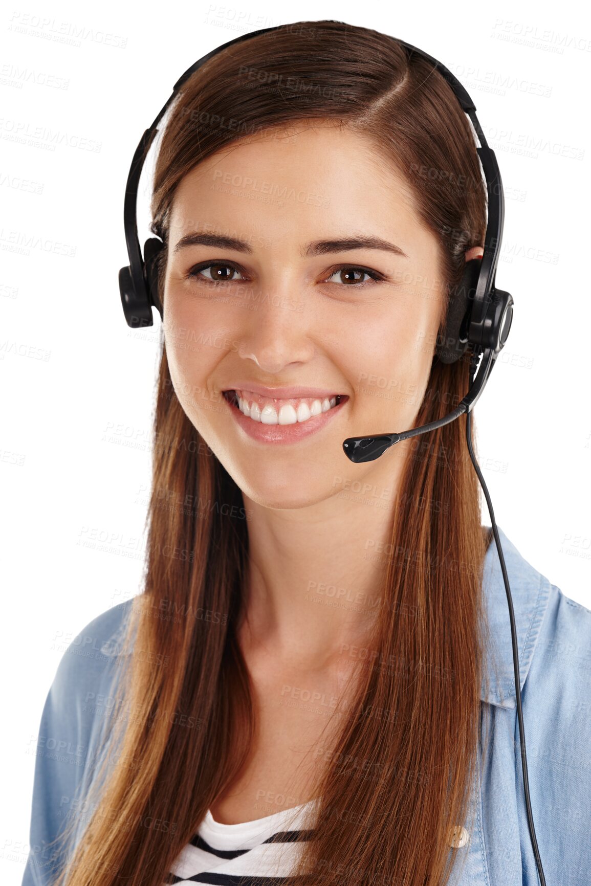 Buy stock photo Customer service, portrait and happy business woman communication, telemarketing or help desk advice. Tech support, headset and advisory consultant face for ecommerce on transparent, png background