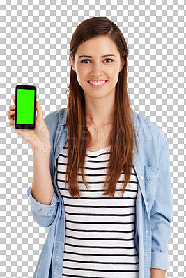 Buy stock photo Green screen, phone and portrait of woman with space for news or promo on isolated, transparent or png background. Smartphone, app and face of student with social media, platform or sign up offer