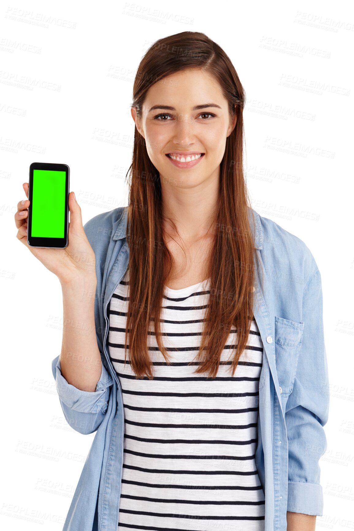 Buy stock photo Green screen, phone and portrait of woman with space for news or promo on isolated, transparent or png background. Smartphone, app and face of student with social media, platform or sign up offer