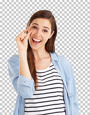 Buy stock photo Portrait, hand and woman with small sign, smile and review isolated on a transparent background. Face, person and model with emoji, happiness and scale with feedback, png and symbol with opinion