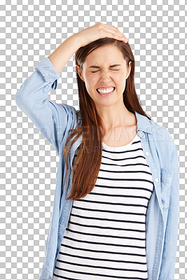 Buy stock photo Remember, regret and face of woman with a mistake or fail in transparent, isolated or png background. Frustrated, emoji and embarrassed person cringe at wrong choice or thinking about a problem