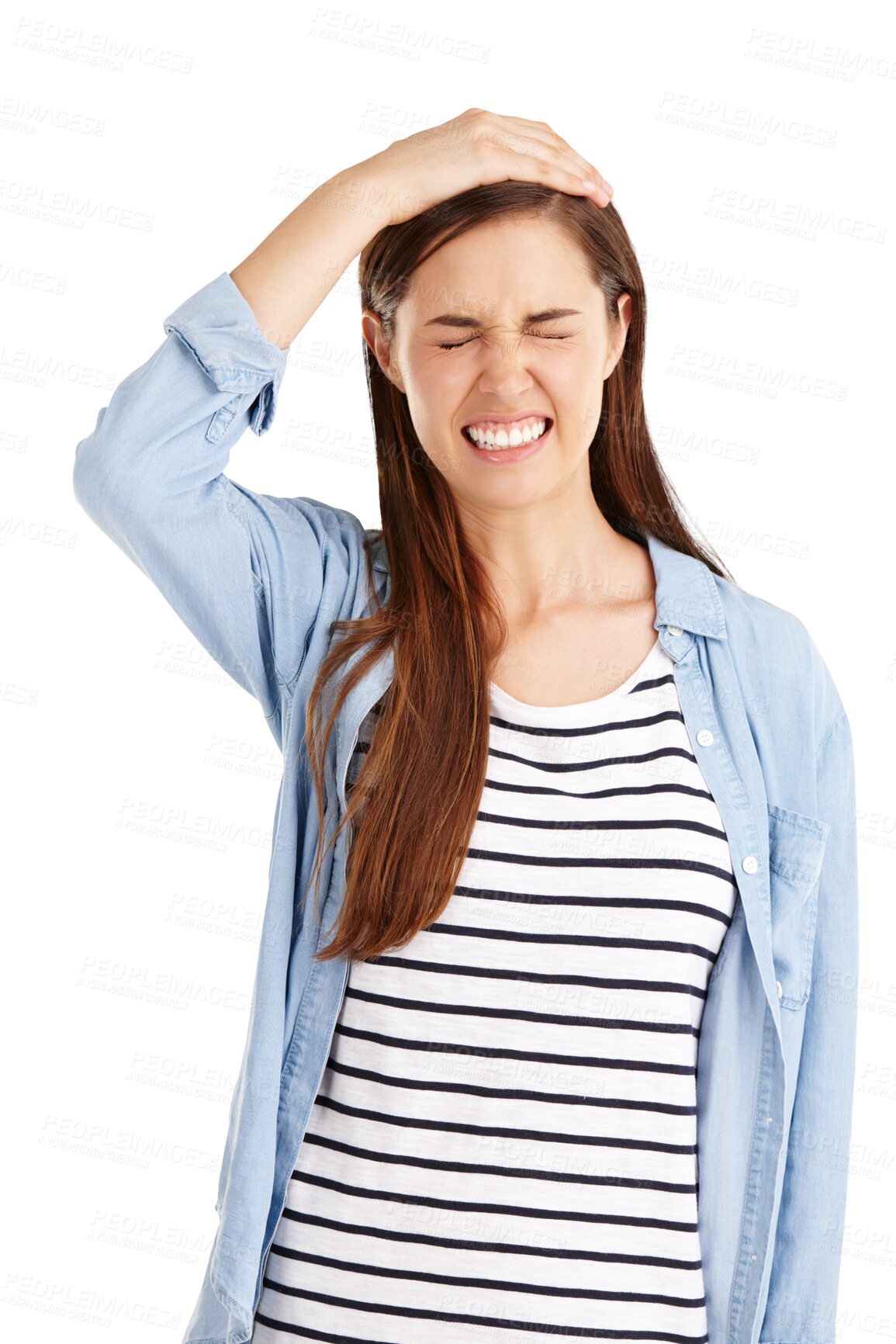 Buy stock photo Remember, regret and face of woman with a mistake or fail in transparent, isolated or png background. Frustrated, emoji and embarrassed person cringe at wrong choice or thinking about a problem