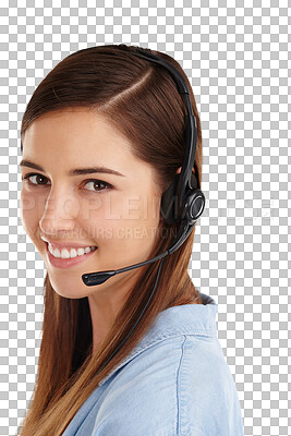 Buy stock photo Call center, portrait and happy business woman, agent or consultant for contact us, telemarketing or professional advice. Tech support, telecom and model face for sales on transparent, png background