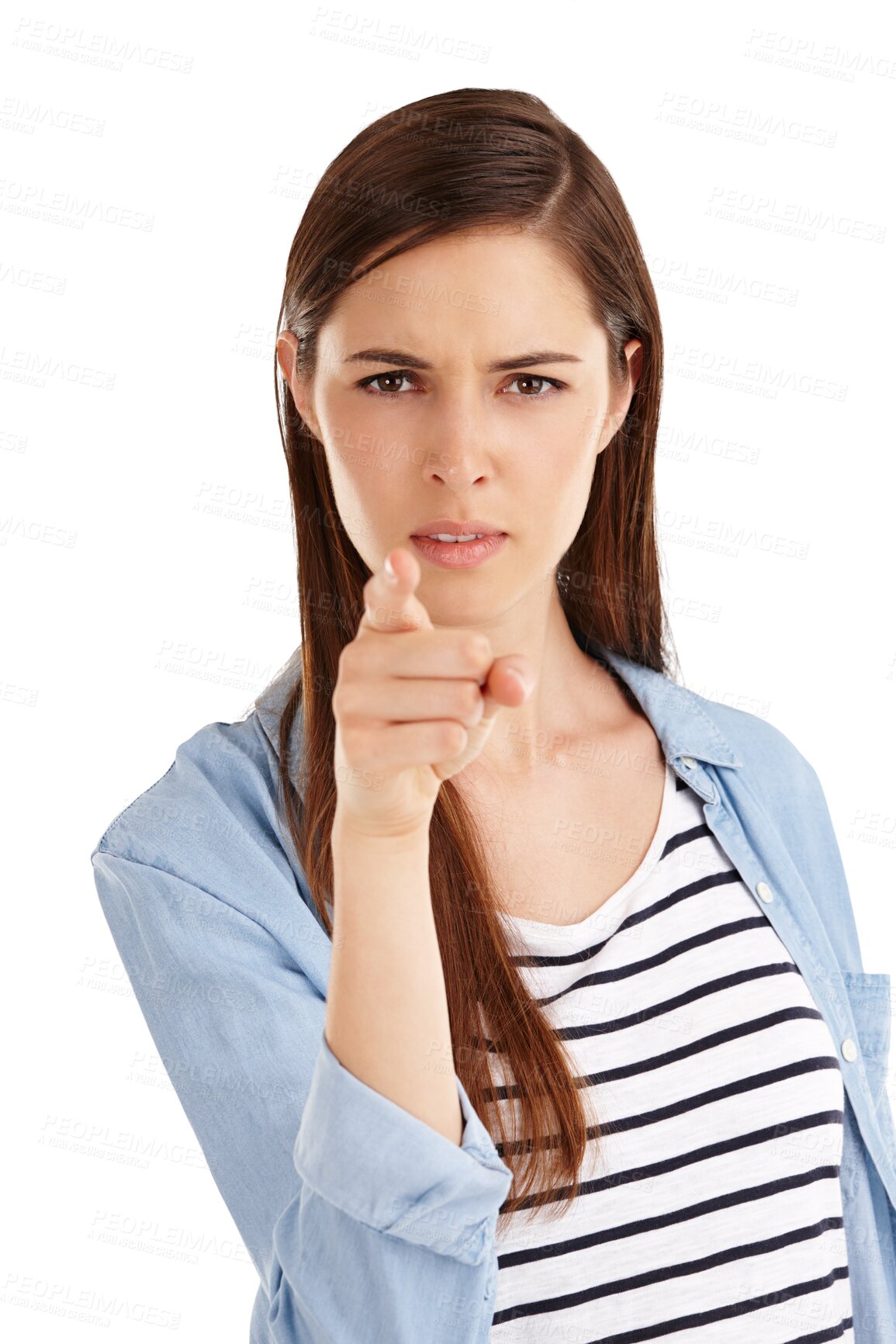 Buy stock photo Strict, teacher and angry portrait with pointing for discipline in transparent, isolated or png background. Scolding, woman and hand with negative gesture, warning or threat and sign to stop trouble