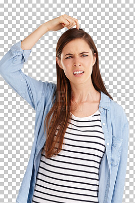 Buy stock photo Confused, portrait and woman scratching head with questions on isolated, transparent or png background. Why, face and lady model with emoji gesture for brainstorming, guess or dont know body language