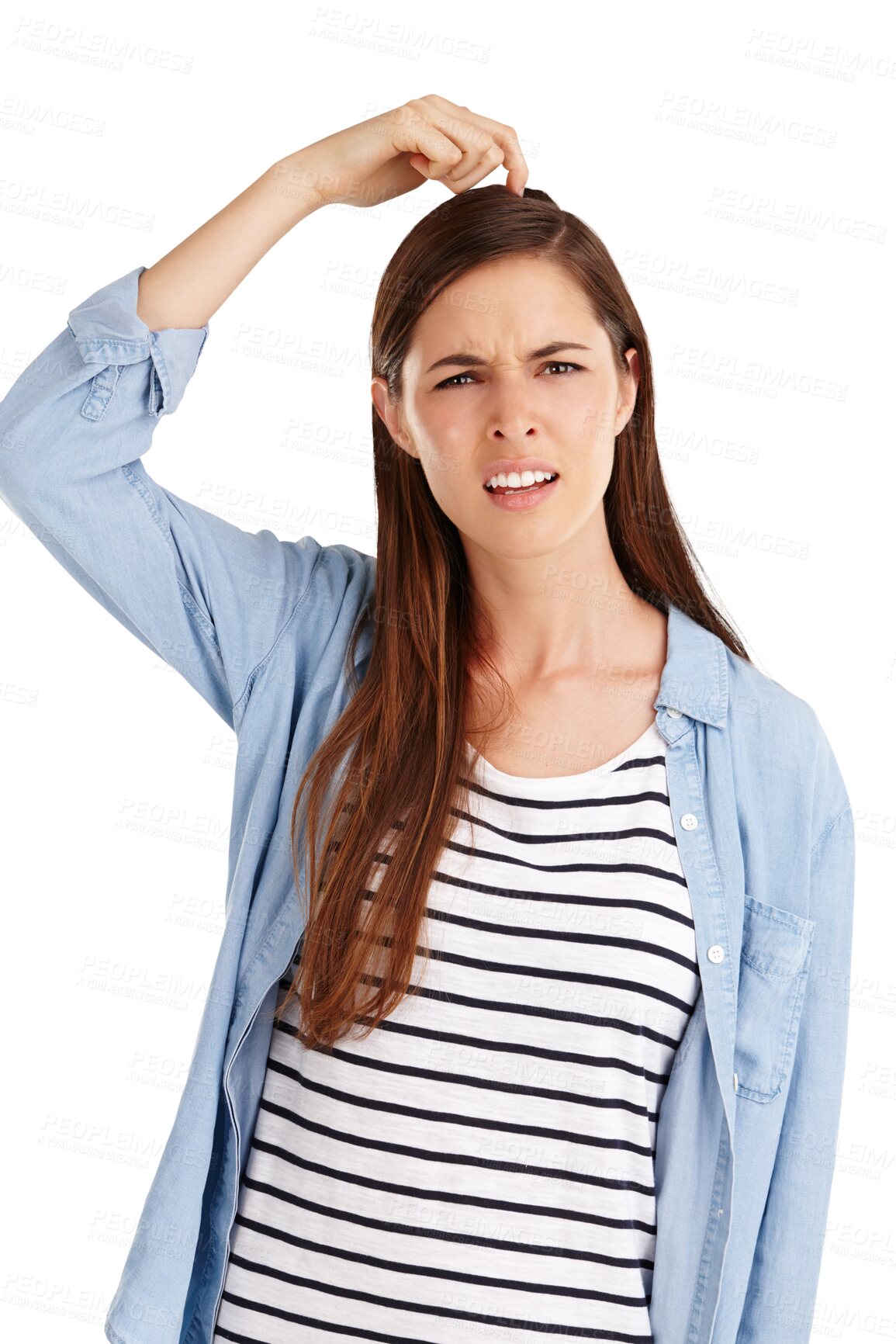 Buy stock photo Confused, portrait and woman scratching head with questions on isolated, transparent or png background. Why, face and lady model with emoji gesture for brainstorming, guess or dont know body language