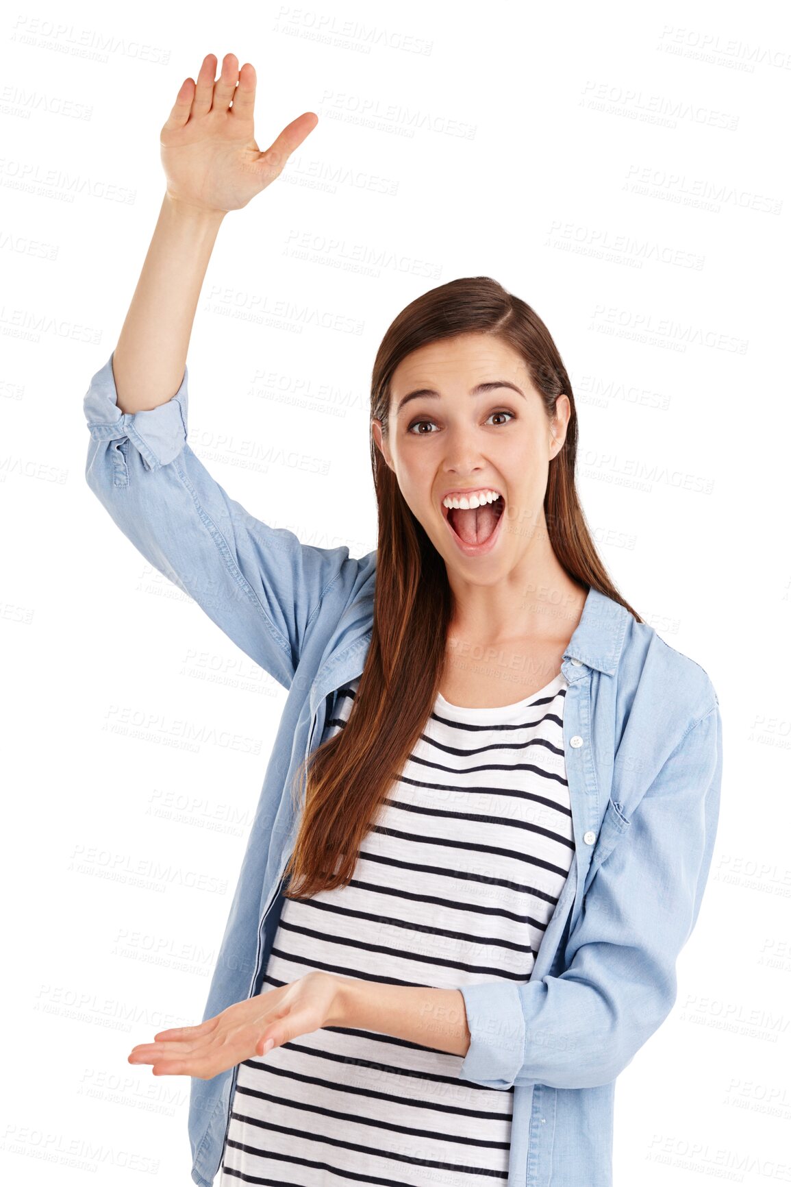 Buy stock photo Wow, news and portrait of excited woman with hand gesture big, announcement or surprise on isolated, transparent or png background. Omg, face and model show prize giveaway, promotion or deal offer