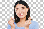 Happy asian woman, portrait and love sign or hand gesture in rom