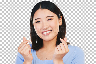 Buy stock photo Happy asian woman, portrait and love sign or hand gesture for romance isolated on transparent png background. Face of girl with smile, emoji or finger heart icon with symbol for valentines day.