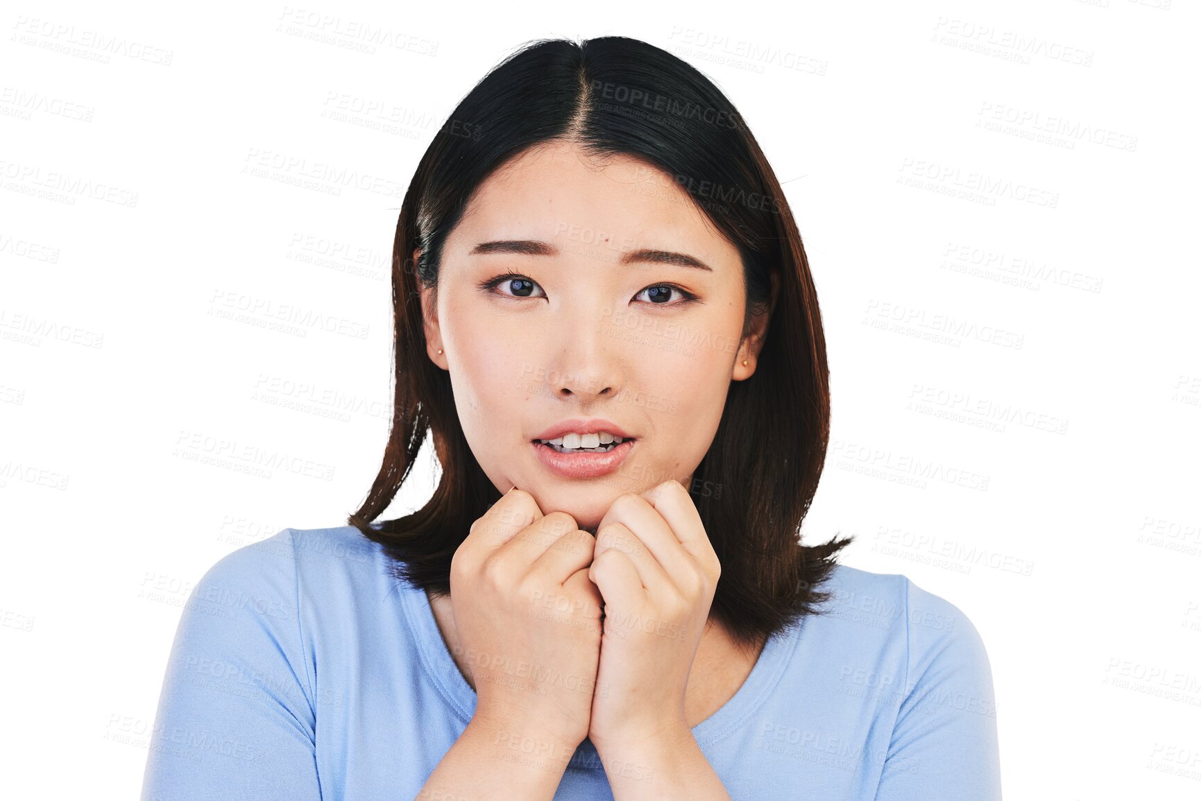 Buy stock photo Asian woman, portrait and scared with surprise from announcement or news isolated on png transparent background. Shocked, face and person in danger with fear and facial expression, hands or reaction