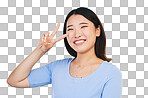 Peace, sign and portrait of woman with hand for emoji in studio